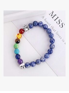 Blue Beaded Chakra Bracelet with Silver Heart & Paw Accents